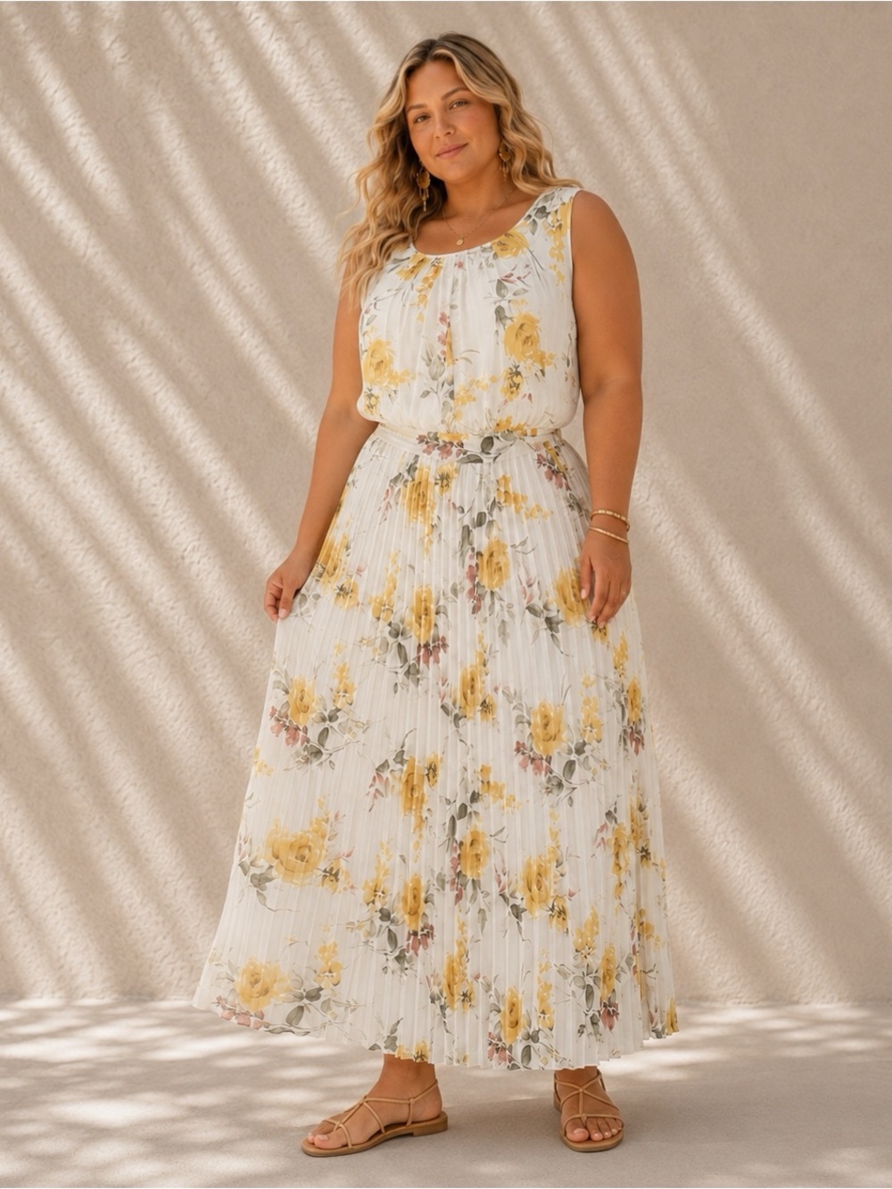 NWT Studio Women’s One Plus 18W Floral Pleated Ankle Dress Yellow Ivory